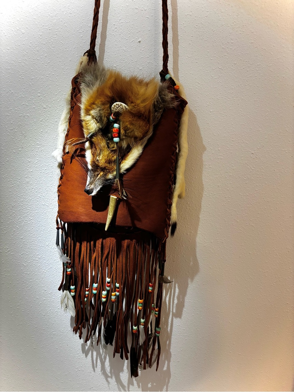 Brown Leather Fringe Crossbody Bag with Fox Pelt-with beautiful details-